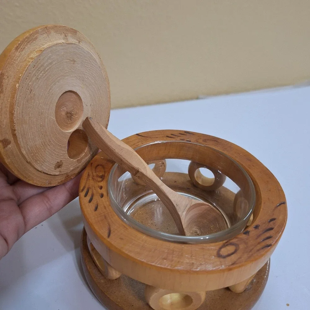 Handmade In Mexico Salsa Condiment Sugar Bowl With Lid/Spoon‎ Glass Bowl